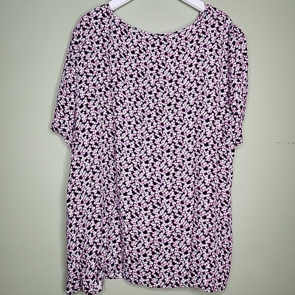 Talbots Top XL Floral Short Sleeve Blouse Keyhole Boho Crew Neck Pink Black - Picture 4 of 13